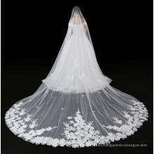 4m Long Soft Tulle Lace appliques with 3D flowers Edging Muslim Bridal Veil Cathedral Train Wedding Veil